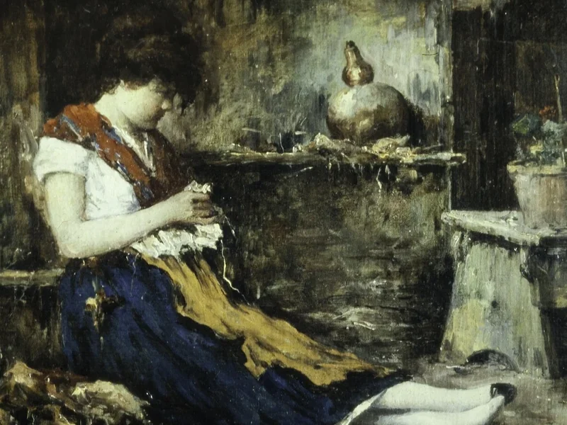 1849-Giacomo Favretto - Donna seduta, intenta a cucire